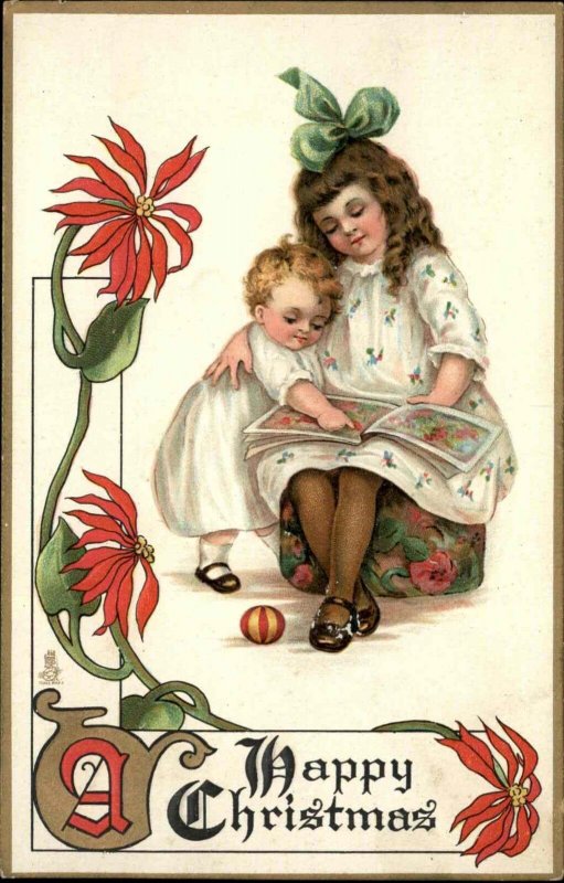 Tuck Christmas Children No. 540 Sisters with Picture Book c1910 Postcard