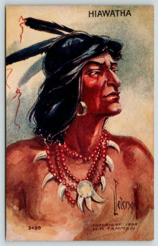 L Peterson~Native Americana~Indian Brave Hiawatha Portrait~Emboss~1908 HH Tammen