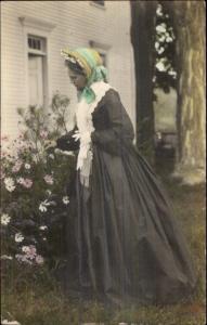 Amateur Tinted RPPC Woman Picking Flowers Plymouth NH Garden c1910