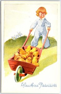 VINTAGE POSTCARD HAPPY EASTER WHEEL-BARROW OF CHICKS FINLAND 1930s-1950s