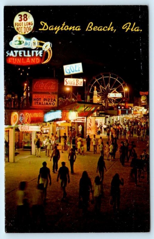 DAYTONA BEACH, Florida FL ~ Night Neon FUNLAND Ferris Wheel Crowd 1970s Postcard