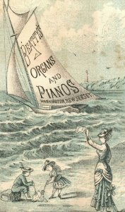 1880's Beach Scene Sailboat Beatty's Organs & Pianos Victorian Trade Card P83