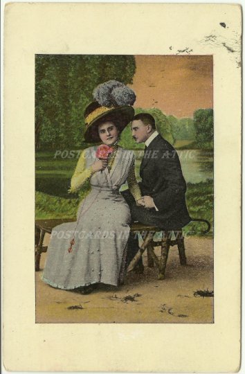 Couple Meeting on Park Bench by River Vintage Postcards Sunset Pink Rose Woman