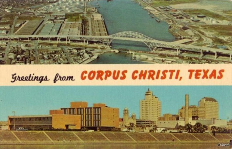 GREETINGS FROM CORPUS CHRISTI, TX HARBOR BRIDGE AND SKYLINE OF CITY