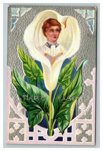 Vintage 1910 Winsch Easter Postcard Altar Boy Large White Flower Silver Face