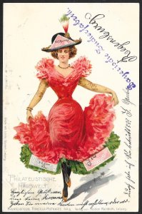 GREAT BRITAIN Stamps on Postcard Lady Dancing in Red Dress Used c1899