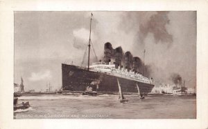 CUNARD R.M.S. LUSITANIA & MAURETANIA SHIPS NY STATUE OF LIBERTY POSTCARD (1910)