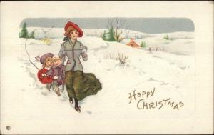 Christmas - Woman Pulling Children in Sled 259C c1915 Postcard