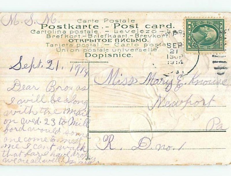 Divided-Back GIRL WITH PINK FLOWERS AND BASKET BESIDE GUY WITH PIPE o7233