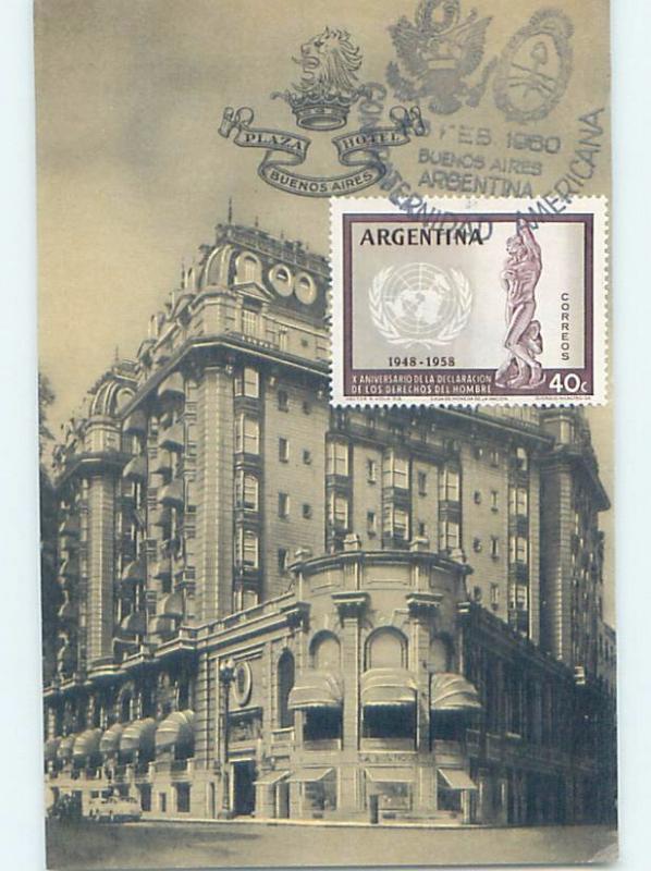 1958 postcard COMMEMORATIVE POSTAGE STAMP & HOTEL Buenos Aires Argentina F6566