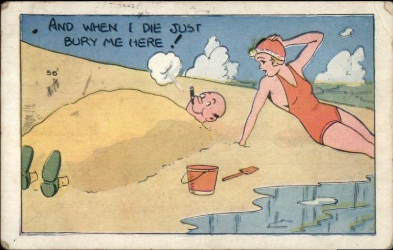 Sexy Bathing Beauty - Bald Guy Buried in Sand on Beach Smoking Cigar Postcard