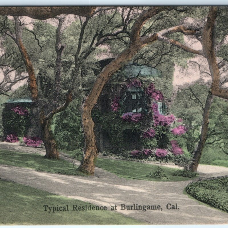 1908 Burlingame, CA Typical Residence House Hand Colored Litho Photo PC A137