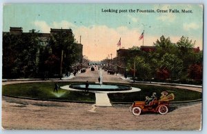 Great Falls Montana Postcard Looking Past Fountain Classic Car Park 1914 Vintage
