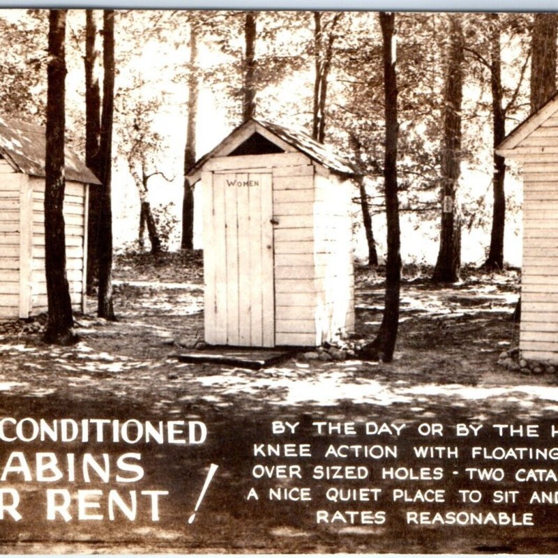 c1950s Funny Absurd RPPC Outhouse as Air Conditioned Cabins Photo Postcard A65