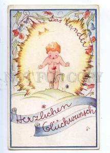 190241 BIRTHDAY Nude Kid NYMPH FAIRY Flowers Vintage postcard