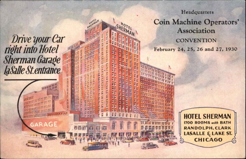 Chicago IL Hotel Sherman Coin Machine Operators Convention 1930 Postcard
