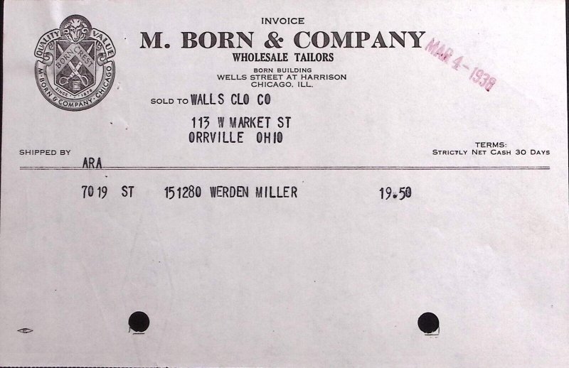 1938 M. BORN & COMPANY WHOLESALE TAILORS CHICAGO ORRVILLE BILLHEAD INVOICE Z274
