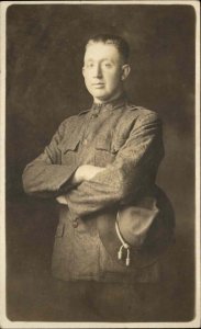 US Military Uniforms Man in Studio Hat w/ Tassles c1920 Real Photo Postcard