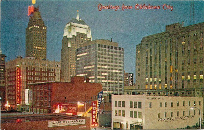 1960s Night Neon Skyscrapers Downtown Oklahoma City Chief postcard 136