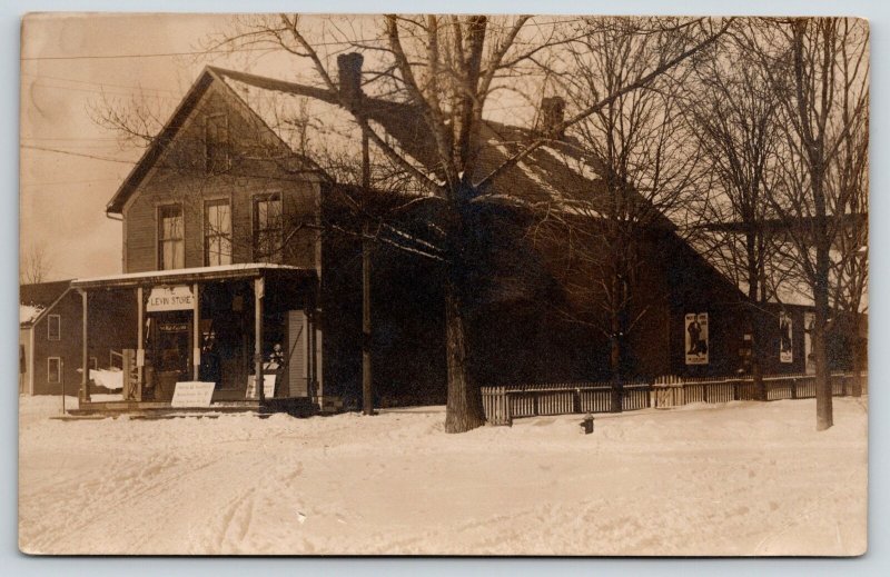 Real Photo Postcard~Levin Store in Snow~Walk Over Shoes Poster~c1908 RPPC