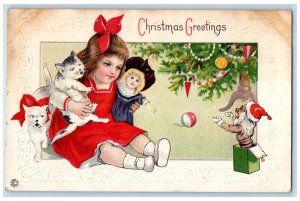 c1910's Christmas Greetings Girl Cats And Toy Jack In Box Embossed Postcard 