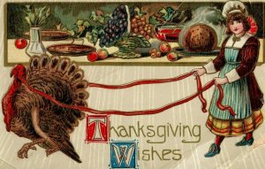 Circa 1910 Thanksgiving Wishes, Cute Girl Roped Turkey Vintage Postcard P23