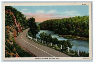 1948 Greetings From Street Road River Lake Winona Minnesota MN Vintage Postcard