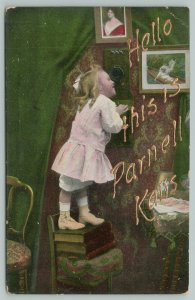 Parnell Kansas Greetings~Little Girl on Antique Phone~c1910 Postcard