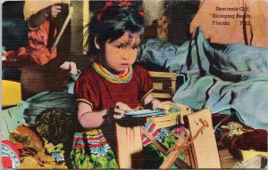 Seminole Girl Stringing Beads FL Florida Indigenous Child c1953 Postcard G18