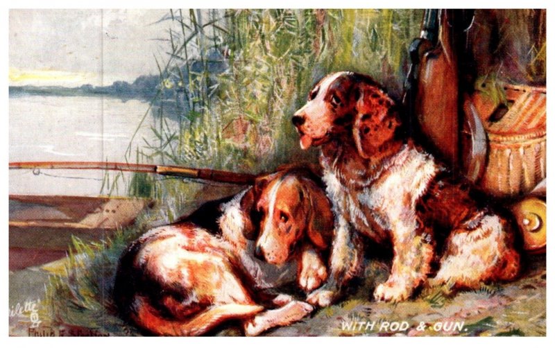 Dog , With Rod and Gun , artist signed