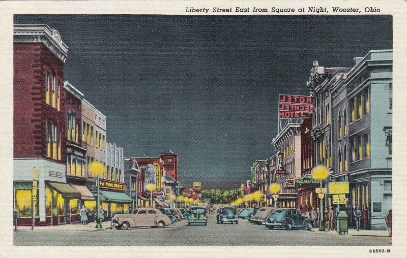 Ohio Wooster Liberty Street East From Square At Night Woolworth Curteich sk5179