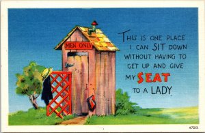 Men Only Outhouse One Place I Can Sit Down, Seat to A Lady Comic Postcard