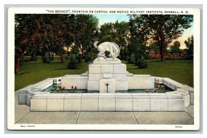 Vintage 1930's Postcard New Mexico Military Institute Bronco Fountain Roswell NM