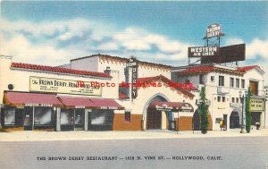 7 Linen Postcards, Hollywood, California, Brown Derby-Bit of Sweden-Gourmet