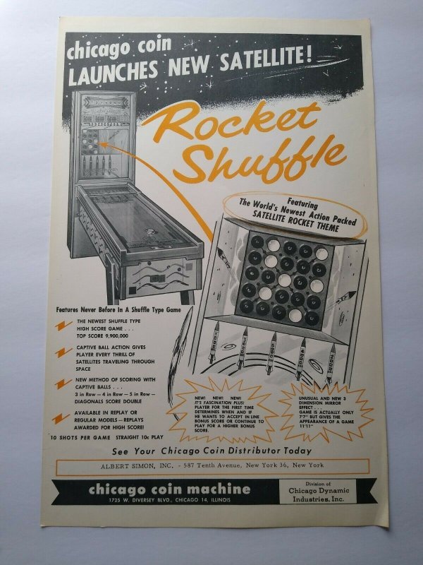 Chicago Coin Rocket Shuffle Arcade FLYER Original Vintage Game Art Print 1958  