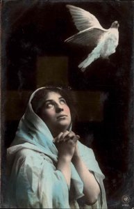 Oranotype Woman Praying to Dove Tinted Real Photo NPG 431/1 Vintage Postcard