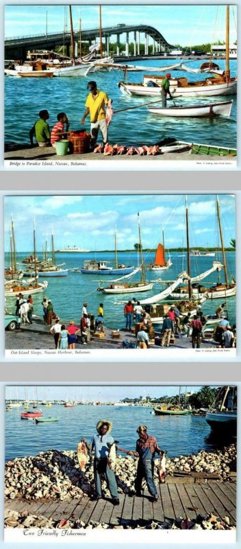 3 Postcards NASSAU, BAHAMAS ~ Bridge to PARADISE ISLAND, Sloops, Fishermen 4x6 