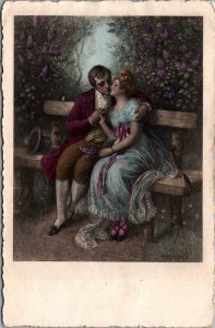 Romantic Couple Kissing On A Bench Vintage Postcard 09.96