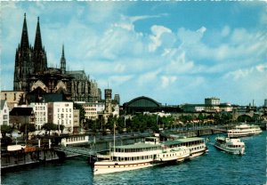 Vintage postcard of Cologne Cathedral and Rhine River.