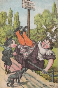 Keep Off The Grass Warning Sign Fat Lady Disaster Dog Old Comic Postcard