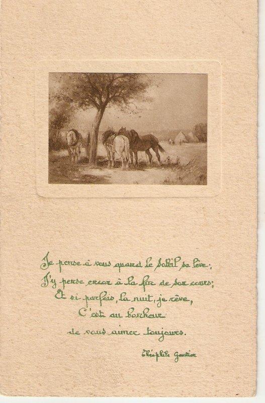 Horses at the shadow. Poem Old vintage French postcard