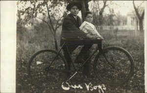 Boy & His Little Brother Pose w/ Bicycle c1910 Real Photo Postcard