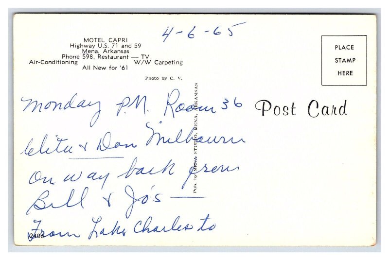 Motel Capri Mena Arkansas Postcard