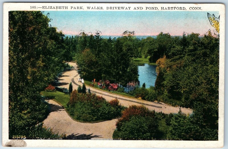 c1920s Hartford, Conn. Elizabeth Park Birds Eye Walk Driveway Pond Litho PC A220