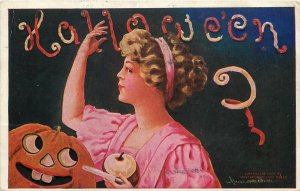 Bernard Wall Embossed Postcard Woman & Apple Peelings Spell out Halloween, JOL