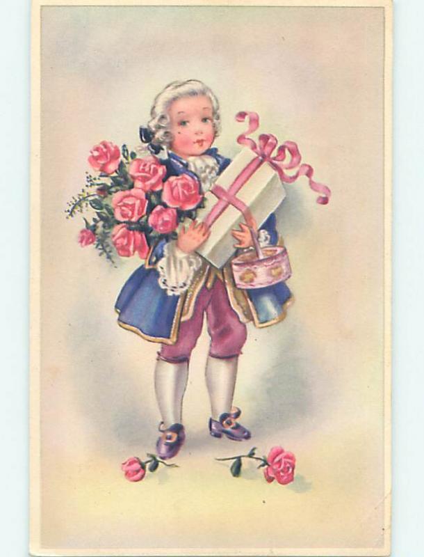 Unused 1940's foreign BOY HOLDING WRAPPED GIFT & BASKET & ROSE FLOWERS o9639