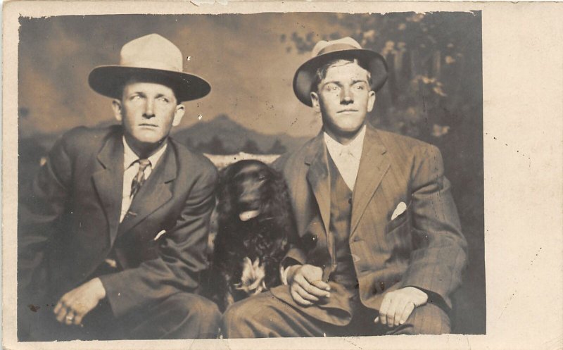 F79/ Interesting Real Photo RPPC Postcard c1910 Well-Dressed Men Dog 7