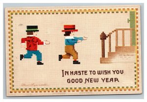 Vintage 1913 Ellen Clapsaddle New Years Postcard Needlepoint Kids Running NICE