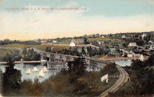 Clemensport Nova Scotia Canada scenic view boats under bridge antique pc BB1071