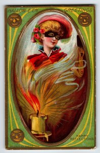 Halloween Reflections Masked Women Embossed Oval Mirror Postcard Fantasy AMP Co.